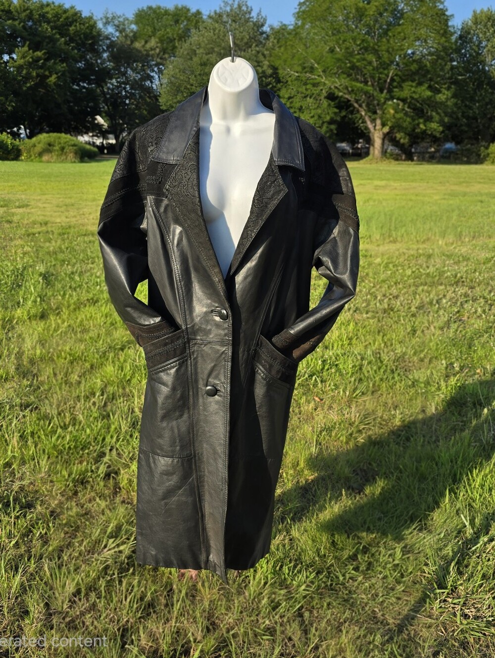 Winlet Womens Trench Coat Genuine Leather Rose Pattern Suede Long Black Size S